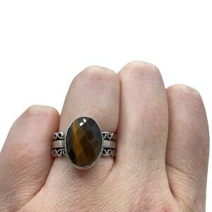 Sterling Silver 925 Faceted Tigers Eye Ring Size 7.5 Signed Unique Solitaire